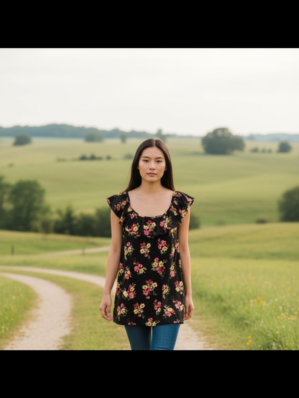 Haptics Floral Ruffle Cute, Comfy Scoop-Neck Women's 2X Top - Black Pink Floral